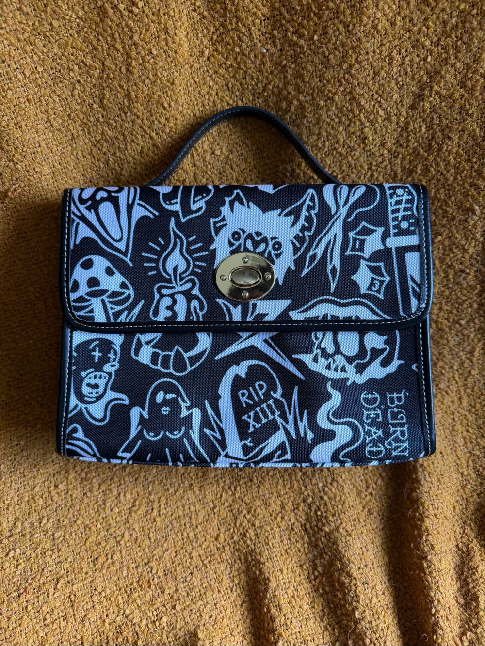 Black & White Tattoo Print Top-Handle Purse